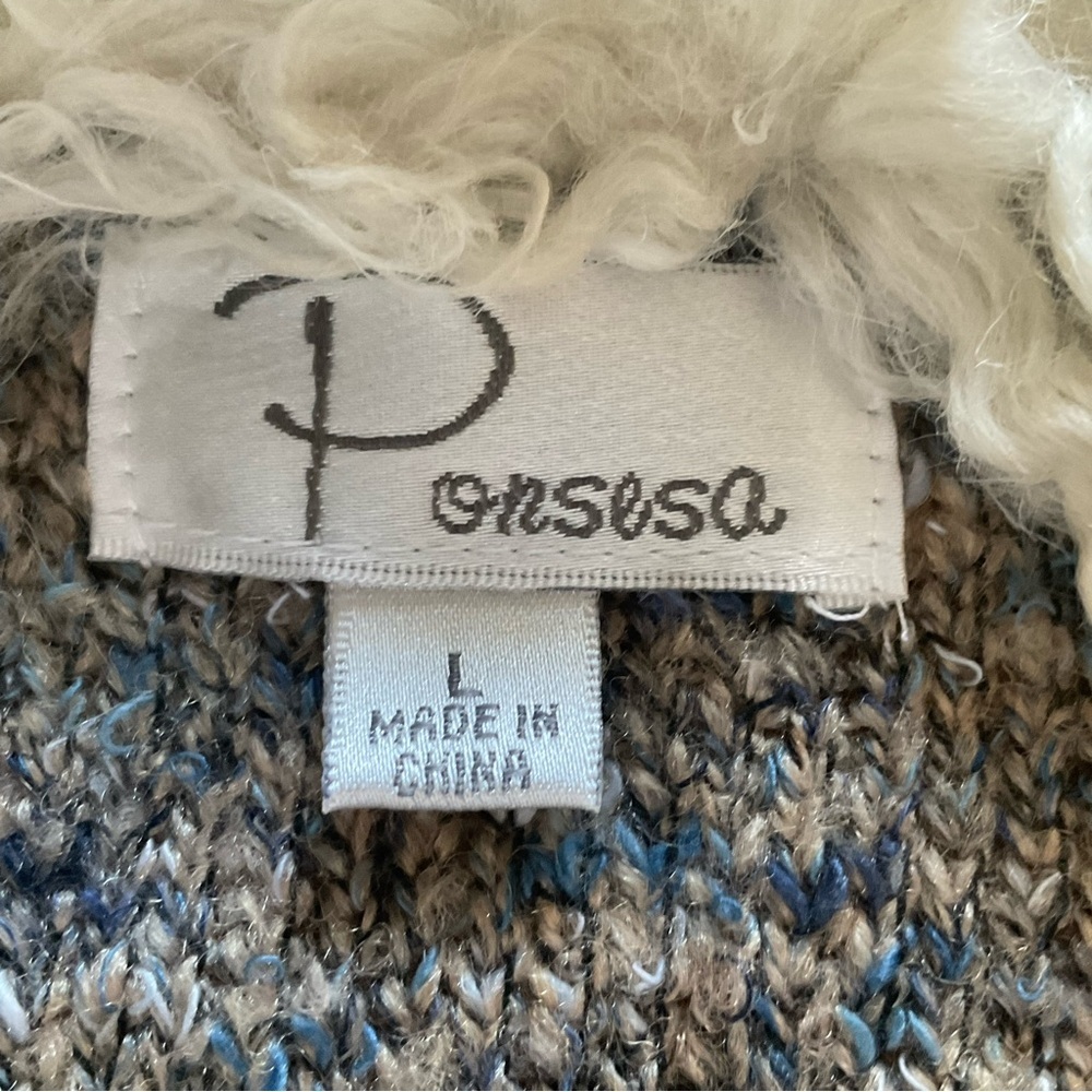 Cozy Ponsesa Faux Fur Trim Sweater Jacket Boho Sherpa Cardigan Coat Size L - Picture 3 of 16